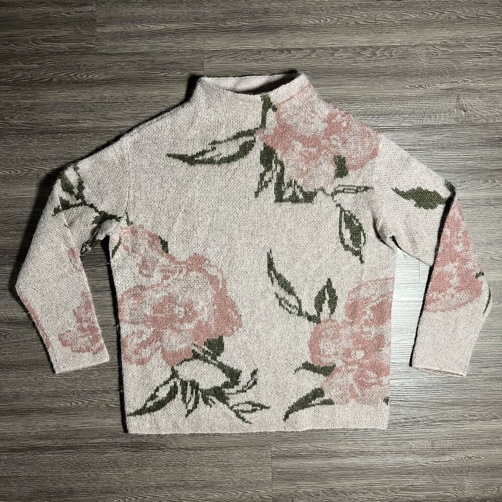 Vince Rose Jacquard Funnel Neck Sweater Womens S Blush Mohair Alpaca Wool Floral